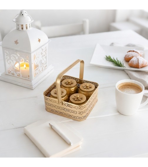 Decorative Gold-Tone Basket with 4 Votives | Elegant Gift Hamper Basket For Gifting