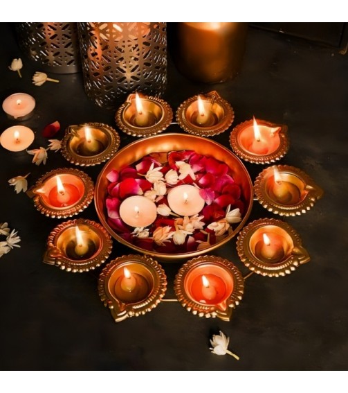 Lotus-Inspired Diya Urli Gifting Set For Timeless Festive Charm | Diya Urli Set 12"