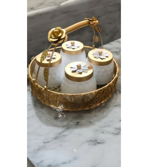 Decorative Gold-Tone Nest Basket with 4 White Votives | Elegant Gift Hamper Basket For Gifting