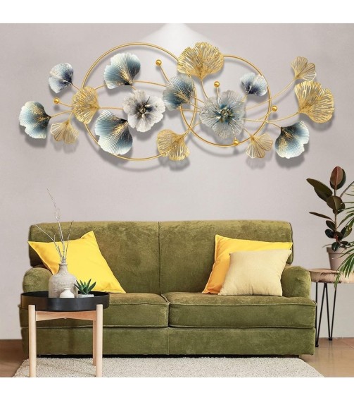 Metal Wall Decor Metal Wall Art for Living Room, Handcrafted Gold Blue 3D Leaves Metal Sculpture Dimensional Home Wall Decoration, 48 Inche