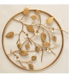 Circular Metal Framed Adorned With Golden Leaves Decorative Wall Hanging Sculpture Wall Art For Living Room 