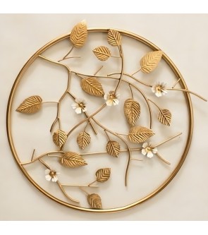 Circular Metal Framed Adorned With Golden Leaves Decorative Wall Hanging Sculpture Wall Art For Living Room 