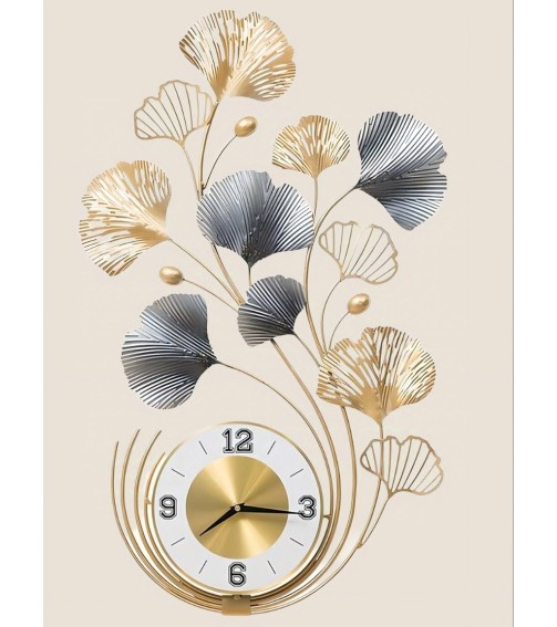 Gold and Grey Ginkgo Wall Clock | Unique Wall Decor | Living Room Art