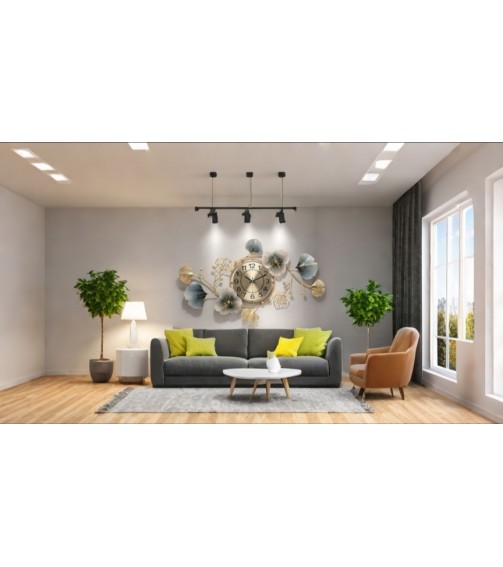 Gold and Grey Ginkgo Wall Clock ( Landscape )| Unique Wall Decor | Living Room Art