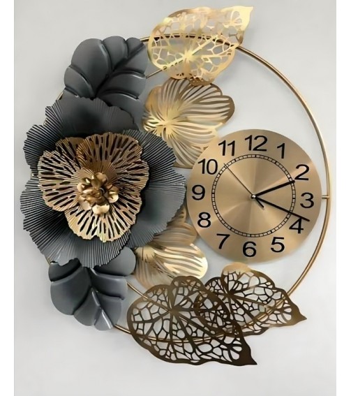 Luxury Gold & Grey Wall Clock with Floral Metal Art DesignFor Home Decor/ Living room/bedroom/office